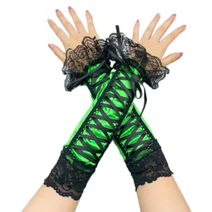 Green satin lace arm warmers with black ribbon lacing, elegant cosplay stage gloves.