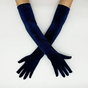 Long dark blue velvet gloves detail view, perfect for vintage stage performances and evening parties.