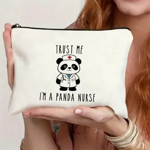 Canvas cosmetic bag with cute panda nurse print, portable zipper pouch for daily travel and gifts.