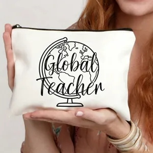 Borsa per trucco in tela con stampa insegnante globo, custodia cosmetica ideale per uso quotidiano.