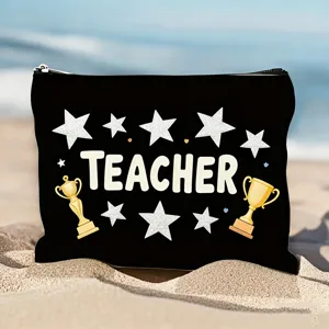 Detailweergave van een zwarte leraar cosmetische etui met glittersterren en trofee.