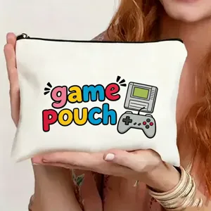 Λευκή τσάντα καμβά game pouch με ρετρό εκτύπωση κονσόλας, ιδανική θήκη καλλυντικών.