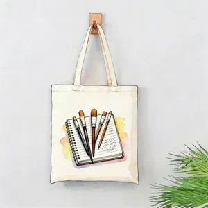 Bolso tote de lona con estampado artistico de pincel cuaderno, detalle bolso de hombro casual.