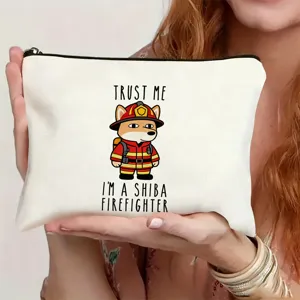 Canvas makeup pouch featuring a cute Shiba Inu firefighter print with text. Perfect gift.