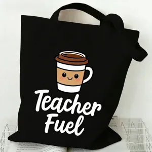 Nahaufnahme des schwarzen Segeltuchtaschen-Details mit niedlichem Kaffeetassen-Design.