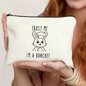 Cute canvas zipper makeup pouch with funny chef rabbit print, ideal for travel and daily use.