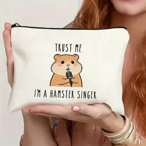 Canvas makeup pouch with cute hamster singer print, ideal for travel, daily use and holiday gifts.