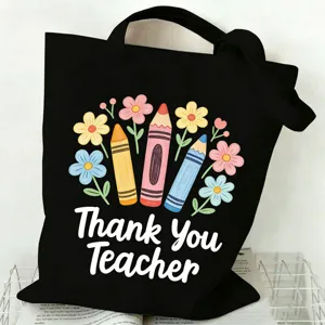 Schwarze Stofftasche mit Buntstift Blumen Motiv, grosse Lehrertasche Umhängetasche.