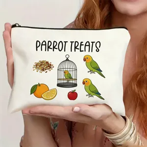 Canvas zipper pouch with cute parrot and fruit print, perfect for daily use and travel storage.