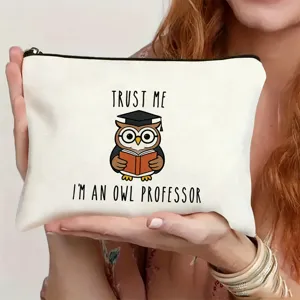 Cute owl professor canvas makeup bag, portable travel zipper pouch for daily use and gifts.