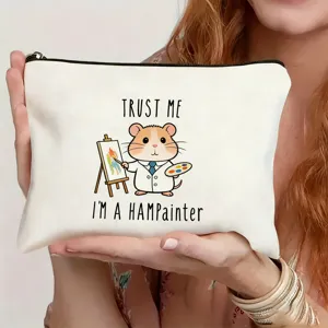 White canvas makeup bag featuring a cute hamster painter graphic and zipper closure for daily use.