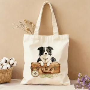 Detailansicht der Leinentasche mit Aquarell Border Collie und Vintage Reise-Motiv.