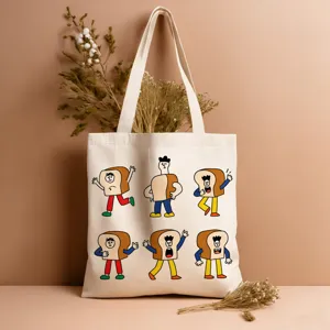 Nahaufnahme der lässigen Segeltuchtasche mit niedlichen Brot-Cartoon-Figurendrucken.