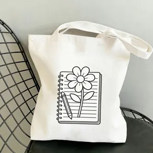 Lässige weiße Stofftasche aus Segeltuch mit Blumen Notizbuch Motiv, große Umhängetasche.