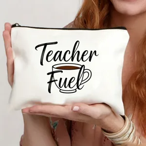Borsa cosmetica bianca in tela per insegnante con stampa tazza, astuccio portatrucchi.