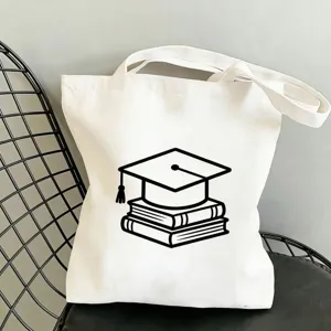 Weisse Leinen Tragetasche mit Diplomkappe Druck, grosse Kapazitaet Schultertasche fuer Studenten.