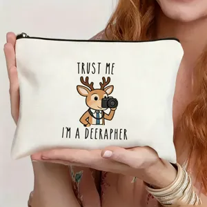 White canvas makeup pouch featuring cute deer photographer graphic and funny quote.