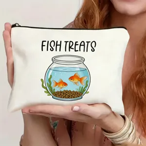 Canvas makeup bag with cute goldfish bowl print, portable zipper clutch for daily travel gifts.