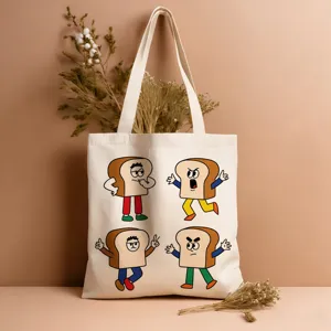 Detailansicht der niedlichen Cartoon Toastbrot Druck Leinwand Tragetasche in Beigeton.