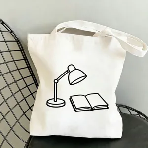 Weißer Canvas Shopper mit einfacher Lampe und Buch Druck, große Umhängetasche für Damen.