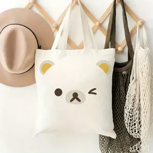 Süßer Cartoon Bär Druck Canvas Tragetasche Detailansicht, lässige Schultertasche für Frauen.