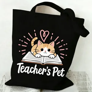 Schwarze Canvas Tragetasche mit süßem Katzen-Design, große Kapazität Lehrer Geschenk Tasche.