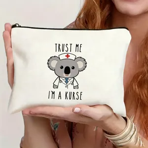 White canvas makeup pouch featuring cute koala nurse graphic for daily use and travel gifts