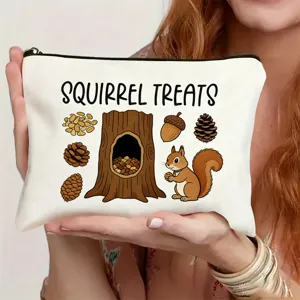 Cute canvas cosmetic bag with squirrel print, durable zipper pouch for travel and daily use.