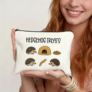 Cute hedgehog print canvas zipper makeup bag, portable travel pouch for daily use.