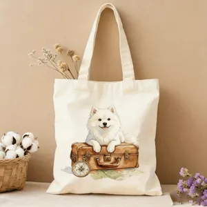 Süße Hunde-Leinwand-Tragetasche mit Aquarell-Druck, ideal für Reisen, Strand und Alltag.