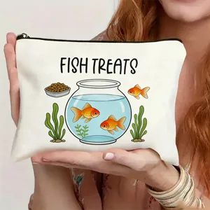 Canvas cosmetic pouch with cute goldfish illustration detail, portable travel storage bag.