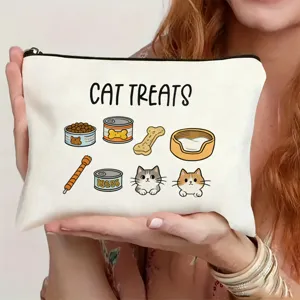 Cute cartoon cat treats canvas zipper pouch makeup bag for daily travel and gifts.
