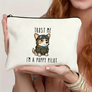 Canvas zipper pouch with cute corgi pilot print, ideal for travel, daily makeup storage or gifts.