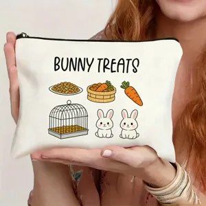 Cute canvas zipper makeup bag with bunny treats print, perfect for daily travel storage.