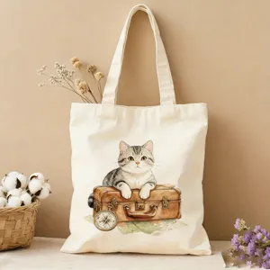 Nahaufnahme mit dem süßen Aquarell-Katzenmotiv und der feinen Leinwandtextur der Tasche.