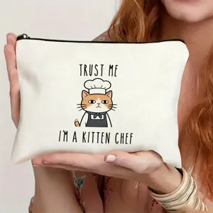 Canvas zipper pouch makeup bag with cute cat chef print, perfect for daily travel gift.