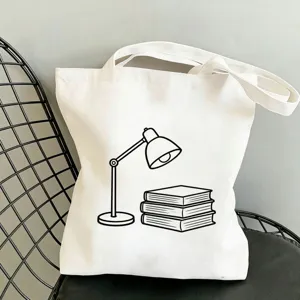Weisse Stofftasche aus Segeltuch mit Schreibtischlampe und Buecher Strichzeichnung.