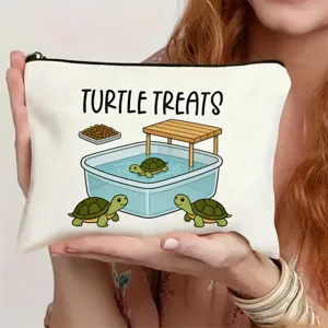 Canvas makeup pouch detail, featuring cute turtle cartoon graphic, ideal for travel storage use.