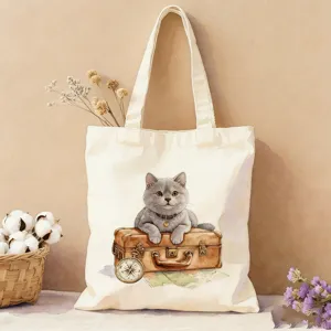 Detailansicht der stilvollen Segeltuch-Tasche mit aquarellartigem Katzenmotiv und Print.