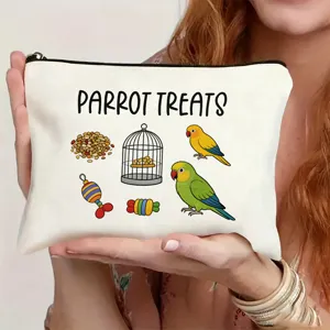 Close-up detail of the canvas zipper pouch featuring cute parrot graphic and treat text design.
