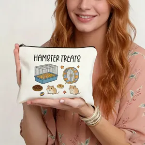 Detailed view of a cute hamster print canvas cosmetic bag, handy for daily travel storage.