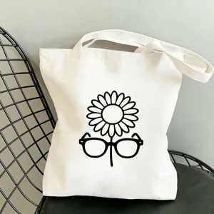 Weisse Leinwand Tragetasche mit Blumen Muster, grosse Kapazitaet Freizeit Handtasche.