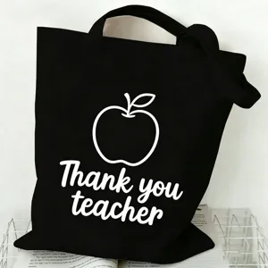 Schwarze Canvas Tragetasche für Lehrer mit Apfel Motiv, große Kapazität lässige Schultertasche.