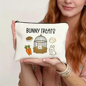 Close-up detail of the cute bunny printed canvas cosmetic bag showing clear cartoon graphic.