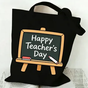 Schwarze Canvas Tragetasche für Lehrer, große Handtasche mit niedlichem Tafeldruck.