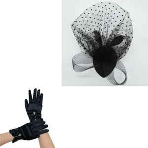 1920s Vintage Black Satin Gloves and Polka Dot Mesh Fascinator Hat Set for Party