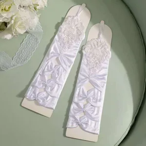 White satin lace long bridal gloves with floral embroidery and bows for elegant wedding events.