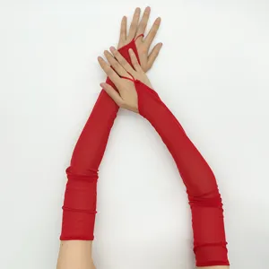 Long red sheer mesh gloves for women sun protection fingerless prom evening party opera costume