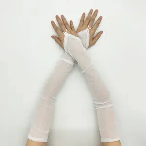 Detailed view of long white sun protection gloves, sheer ice silk fingerless design for summer.