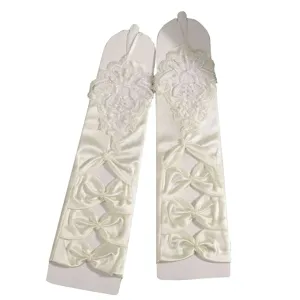 White long lace satin wedding gloves with elegant bowknot details for bridal party.